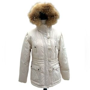 DKNY Winter White Down Coat with Fur Collar Medium